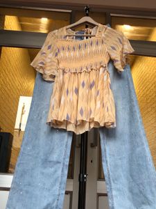 Yellow Smocked Print Top & Wide Leg🎗️ Jeans