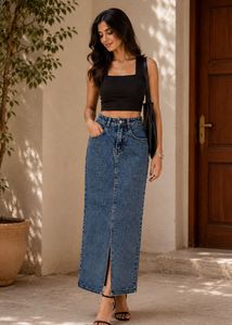 Classic Blue Denim Midi Skirt