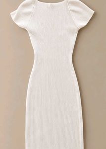 IVORY RIBBED SQUARE NECK MIDI DRESS