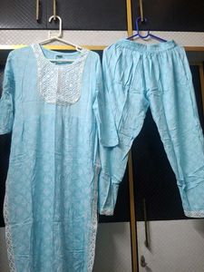 Sky Blue Kurta Set with White Embroidery