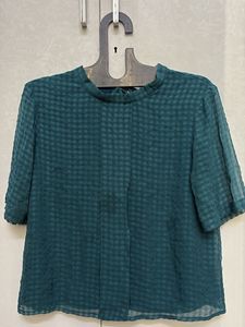 Elegant Teal Checkered Sheer Blouse