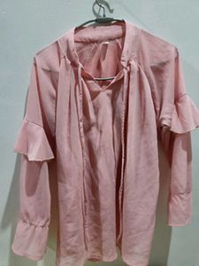 Chic Pink Ruffle Sleeve Tie-Neck Top
