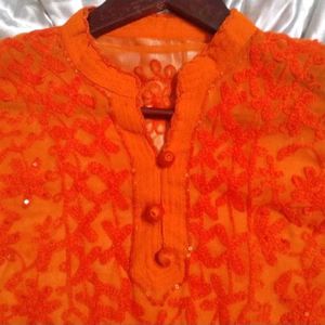 Orange Chikankari Sheer Top