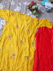 Embroidered Yellow Kurta with Red Salwar