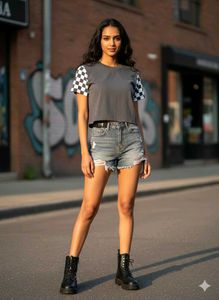 Gray Crop Top with Checkered Sleeves