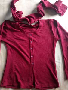 Chic Maroon Button-Up Top with Scarf