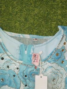 Blue Floral Embellished Dress with Shawl