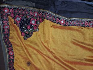 Embroidered yellow and charcoal Silk Saree
