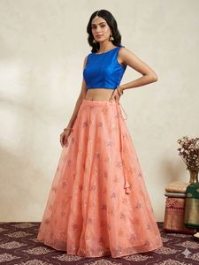 Peach Floral Embroidered Lehenga Set