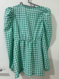 Green Gingham Puff-Sleeve Peplum Top