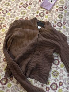 Brown Ribbed Zip-Up Cardigan