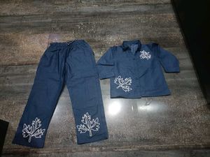 Denim Kurta Set with Leaf Print