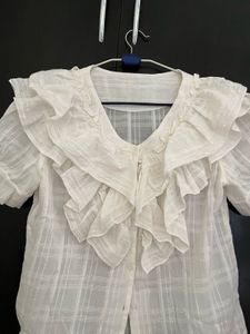 White Ruffle Neck Puff Sleeve Top