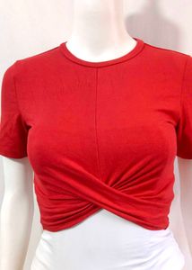 H&amp;M Red Twist Front Cropped Stretchable Small Top