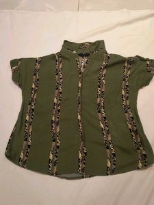 Olive Green Print Detail Top