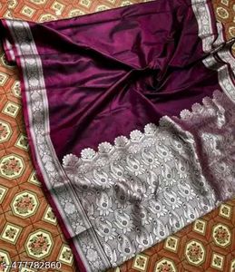 Elegant Wine Satan  Silk Silver Zaree Saree