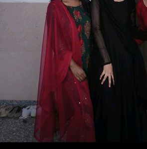 Red Net Dupatta with Golden Border
