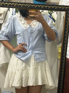 Light Blue Puff Sleeve Top with Lace Collar