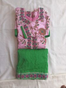 Embroidered Pink Kurta Set with Green Skirt