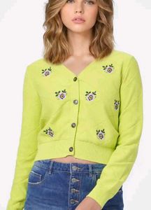 Cute Embroidered Lime Green Cardigan - XL Size