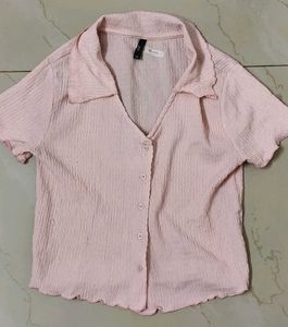 Pink Textured Short Sleeve Button-Up Top