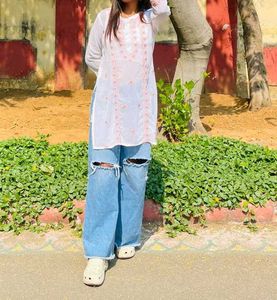 Chic White Kurti with Ripped Jeans