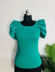 Chic Teal Top with Ruffled Sleeves