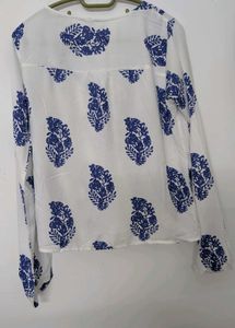 White Blue Print Wrap Top.