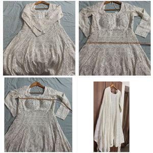 White Party Wear Anarkali Gown &amp; Dupatta