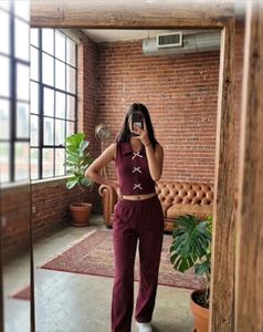 Cute Maroon Ribbed Co-ord Set