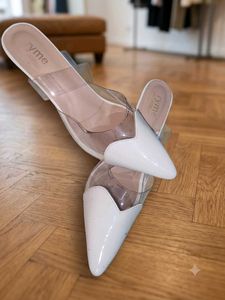 White Pointed Toe Clear Strap Heels