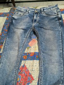 Blue Wash Jeans with White Stitching
