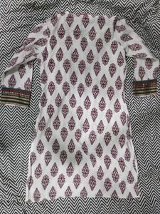 White Printed Kurti with Embroidered Neckline