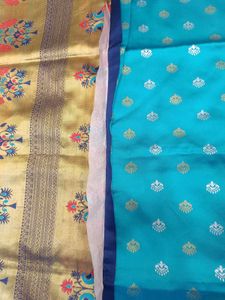 New/Unused Blue Saree with Gold Border