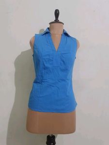 Sleeveless Blue Collared Top