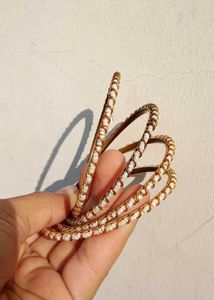 Elegant White Beaded Gold Bangles Set