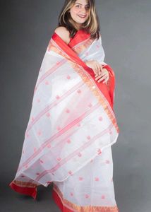 Elegant White &amp; Red  cotton tant Saree