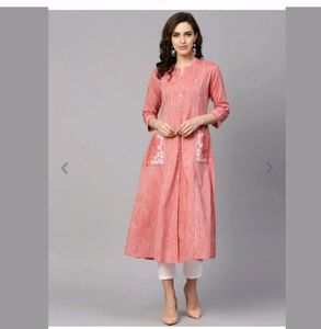 Peach Colour Pure Cotton Embroidered Kurti With Two Pockets