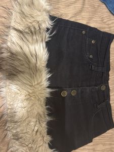 Black Denim Mini Skirt with Fur Trim