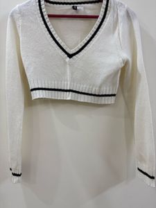 White Knit Sweater with Black Trim