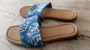 Blue Block Print Flat Sandals