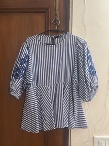 Striped Peplum Top with Embroidery