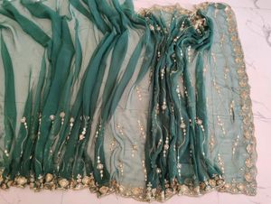 Emerald Green Embroidered darbari Saree