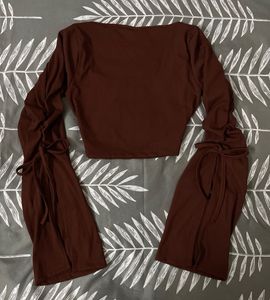 Brown Long Sleeve Tie Detail Crop Top