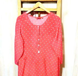 Charming Red Polka Dot Kurta with Floral Hem Size-