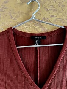 Ribbed Maroon Button-Up Dress