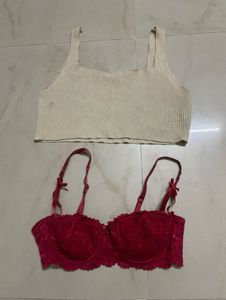 Beige Ribbed Crop Top & Red Lace Bra Set