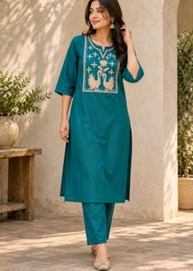 Embroidered Teal Kurta Set cotton XXL size