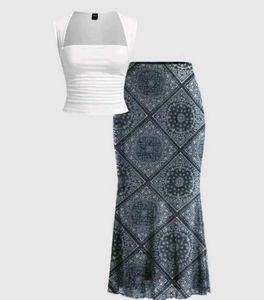 Stylish White Top &amp; Printed Skirt Set