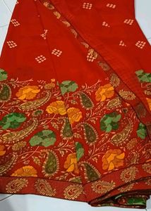 Red Printed Soft Saree With Unstitched Blouse